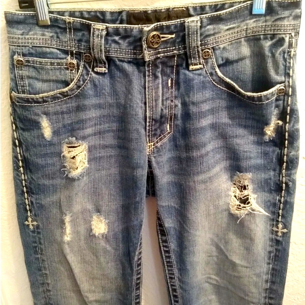 Affliction Black Premium Embroidered Distressed Blue Denim Jeans - Picture 7 of 13
